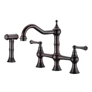 Double Handle Bridge Kitchen Faucet with Side Sprayer 4 Holes Brass Deck Mount Kitchen Sink Faucets in Oil Rubbed Bronze