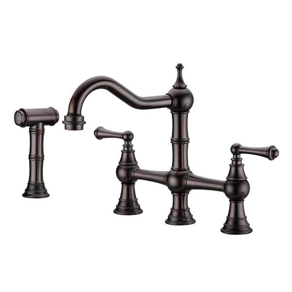 FLG Double Handle Bridge Kitchen Faucet with Side Sprayer 4 Holes Brass Deck Mount Kitchen Sink Faucets in Oil Rubbed Bronze