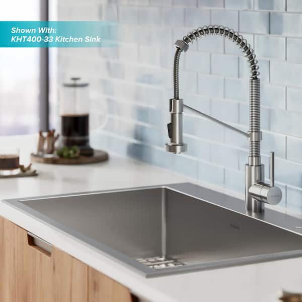 KRAUS Bolden Single Handle 18-Inch Commercial Kitchen Faucet with Dual Function Pull Down Sprayhead in Stainless Steel