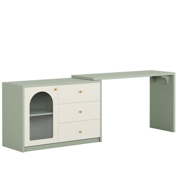BYBLIGHT Retractable Mint Green Makeup Vanity Table with 3-Drawers and Cabinet, L Shaped Corner Dressing Table for Bedroom