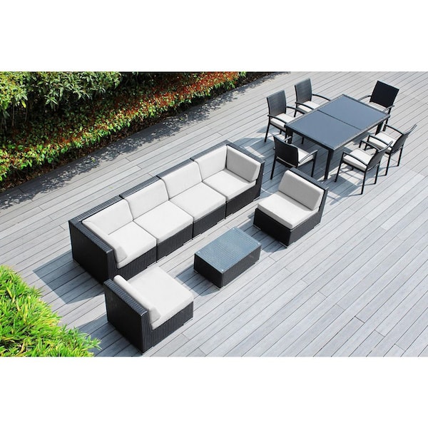 Ohana Depot Ohana Black 14-Piece Wicker Patio Conversation Set with Stackable Dining Chairs and Sunbrella Natural Cushions