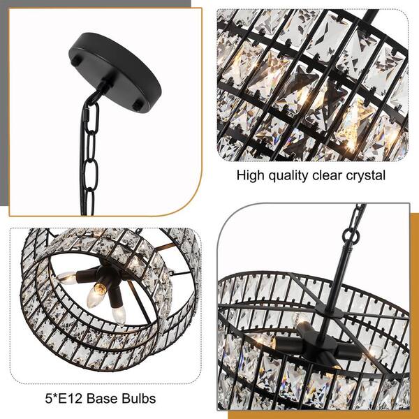 Rviezza 2-Tier Modern Drum Black K9 Crystal Chandelier，5-Light