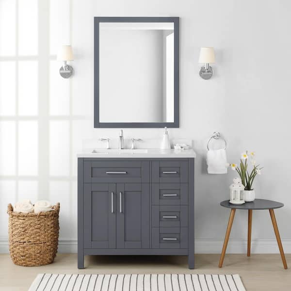 OVE Decors Tahoe 48 in. W x 21 in. D x 34 in. H Single Sink Vanity in Dark Charcoal with White Engineered Stone Top with Mirror