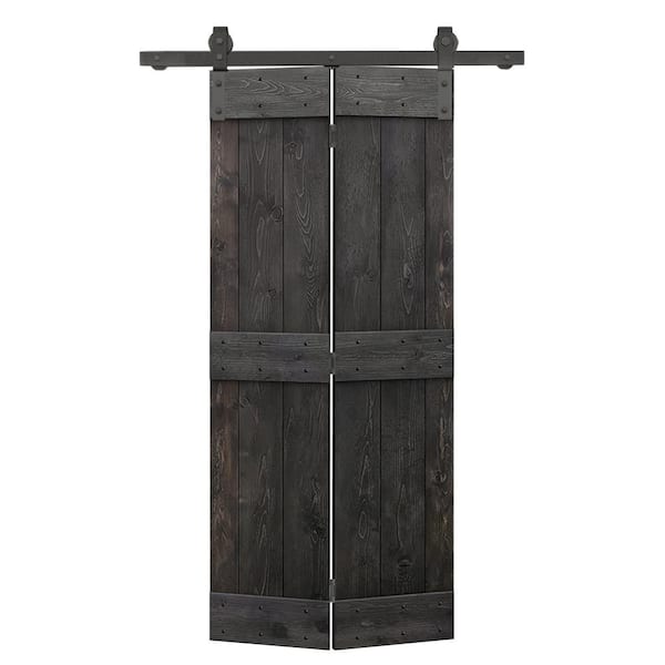 CALHOME 30 in. x 84 in. Mid-Bar Pre Assembled Charcoal Black Stained Wood Solid Core Bi-Fold Barn Door with Sliding Hardware Kit