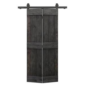 38 in. x 84 in. Mid-Bar Pre Assembled Charcoal Black Stained Wood Solid Core Bi-Fold Barn Door with Sliding Hardware Kit