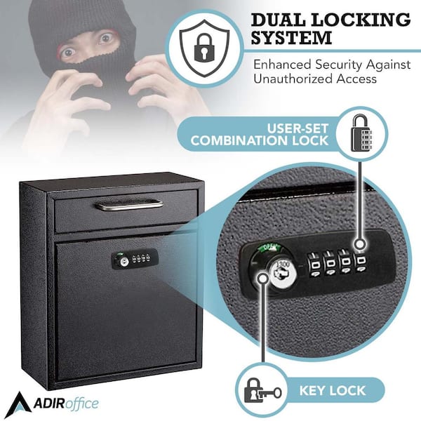 Black Medium Drop Box Wall Mounted Locking Mail Box with Key and Combination lock Black Medium Drop Box Wall Mounted Locking Mail Box with Key and Combination lock
