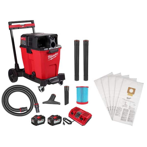 M18 FUEL 12 Gallon Cordless DUAL-BATTERY Wet/Dry Shop Vac Kit W/12.0 Ah Battery and Charger w/Fleece Dust Bags (5-Pack)