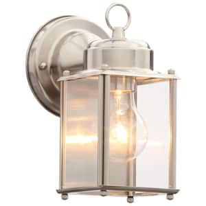 1-Light Brushed Nickel Clear Flat Glass Traditional Outdoor Wall Lantern Light