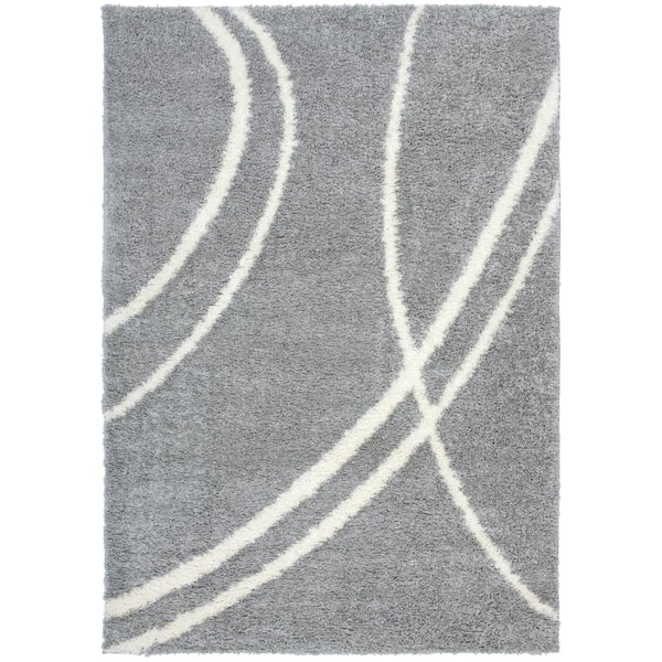 World Rug Gallery Soft Contemporary Stripe Cozy Shag Light Gray 7 ft. 10 in. x 10 ft. Indoor Area Rug