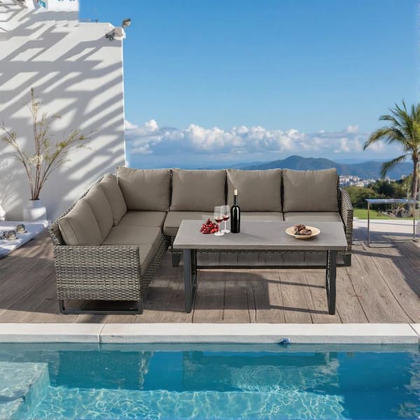 Pocassy 3-Piece Rattan Gray Wicker Patio Conversation Outdoor Seating Set with Gray Cushions