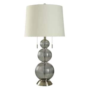 33.5 in. Gray, Brushed Nickel, Off-White Gourd Task and Reading Table Lamp for Living Room with White Linen Shade