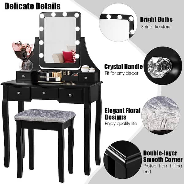 Vanity Dressing Table Set with 10 Dimmable Bulbs and Cushioned Stool Black