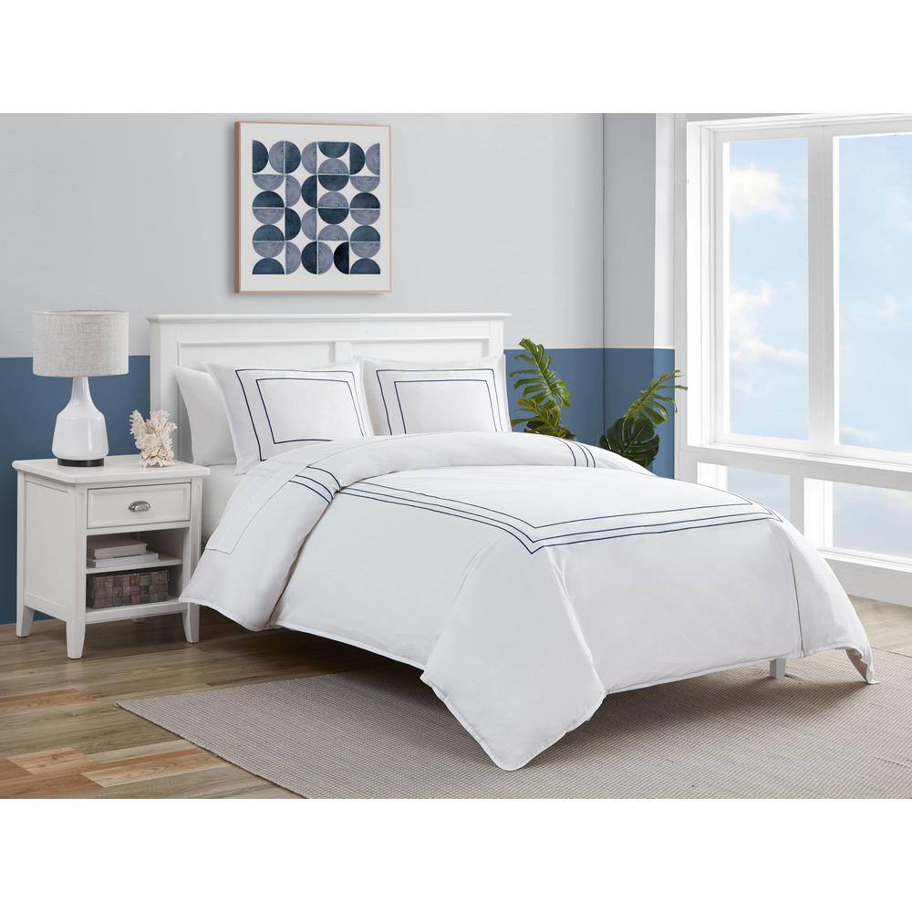 King White Cotton Duvet Cover Set with Navy Trim