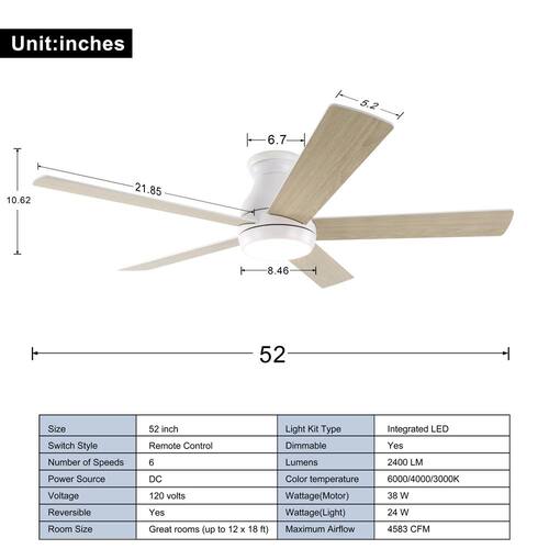 52 in. Indoor Integrated LED Light Flush Mount White Ceiling Fans with Reversible Motor and Remote Control FINXIN Ceiling Fans With Lights