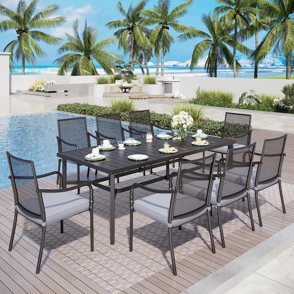 PHI VILLA Black 9-Piece Metal Patio Outdoor Dining Sets with Extra-large Rectangle Table and Stationary Chairs with Gray Cushion
