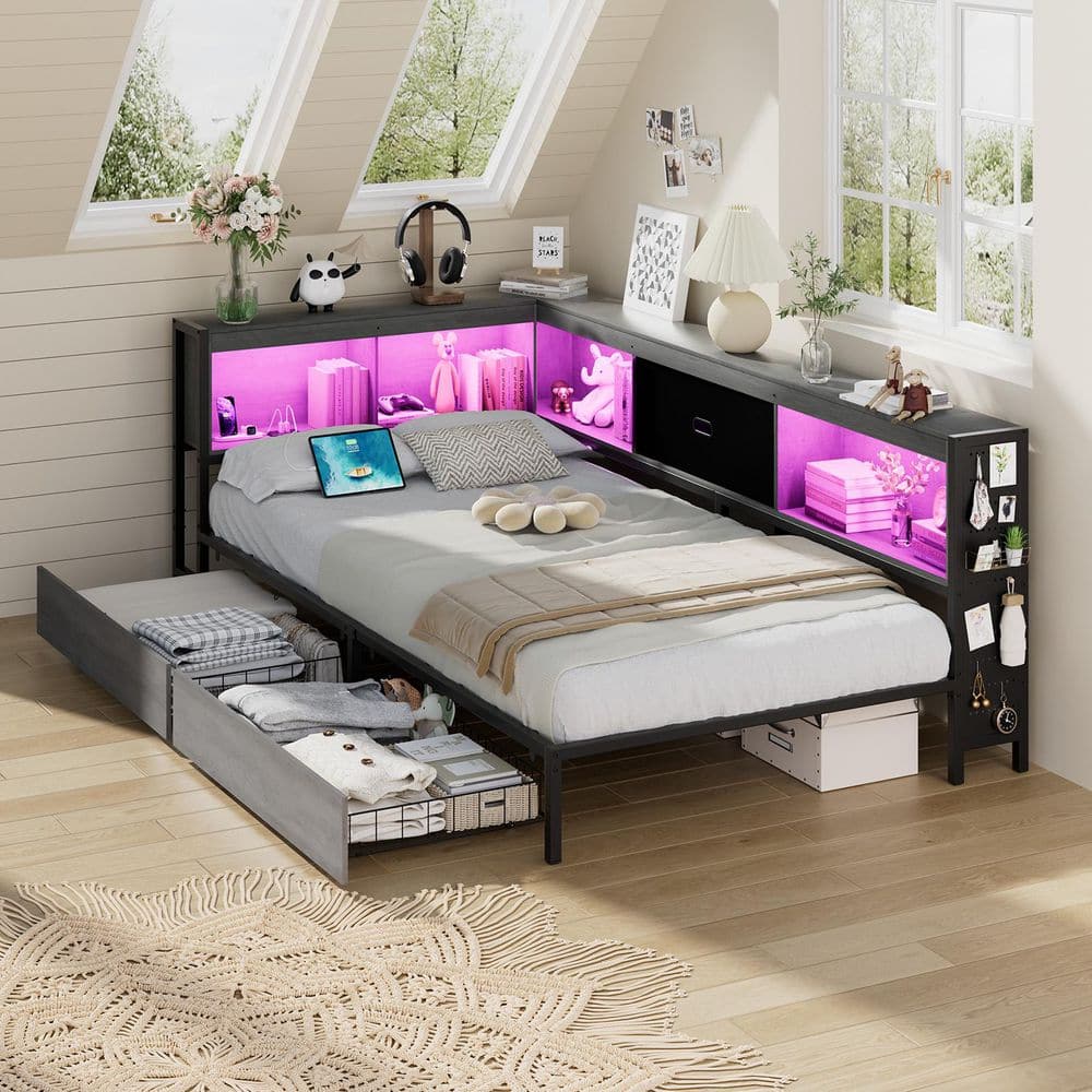 Lusimo Gray Metal Frame LED Twin Size Corner Platform Bed with