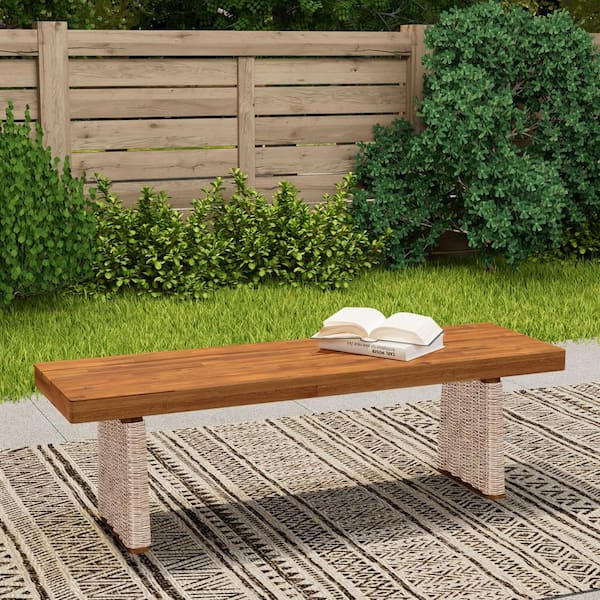 1-Piece Brown Acacia Wood and Wicker Outdoor Bench Long Chair for