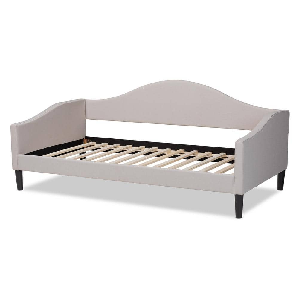 Elegant Twin Daybed with Tufted Beige Upholstery and Dark Brown Wood Frame