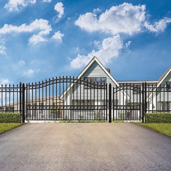 ALEKO 19 ft. x 6 ft. Black Steel Single Swing Driveway Gate London Style 14 ft. with Pedestrian Gate 5 ft. Fence Gate