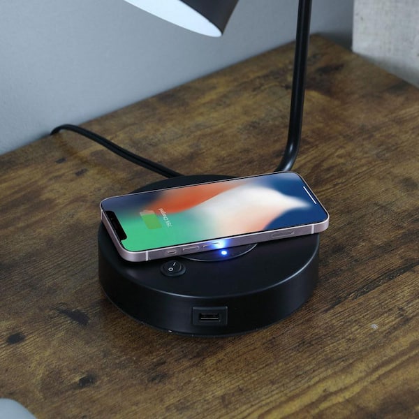 Borealis 15 in. Modern Black Table Lamp with Charging Pad and USB Port
