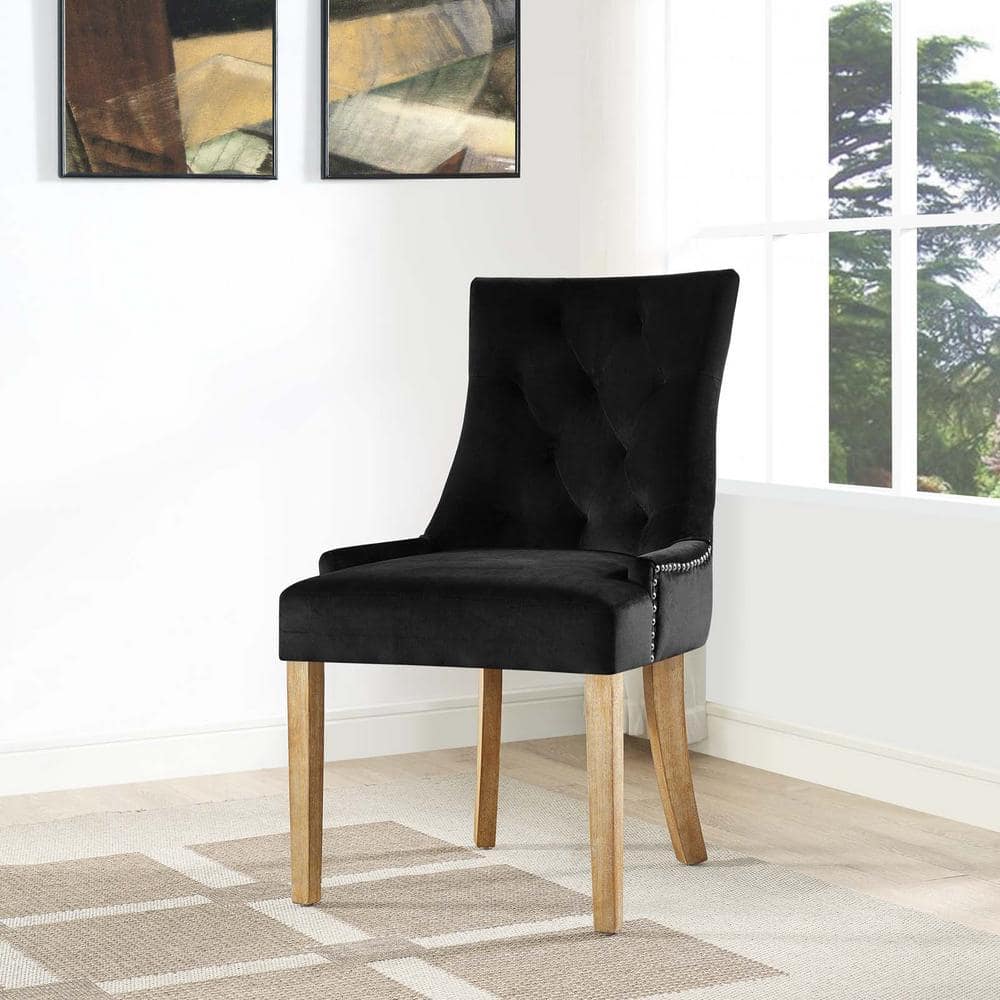 Elegant Black Velvet Upholstered Parsons Side Chair with Wood Accents