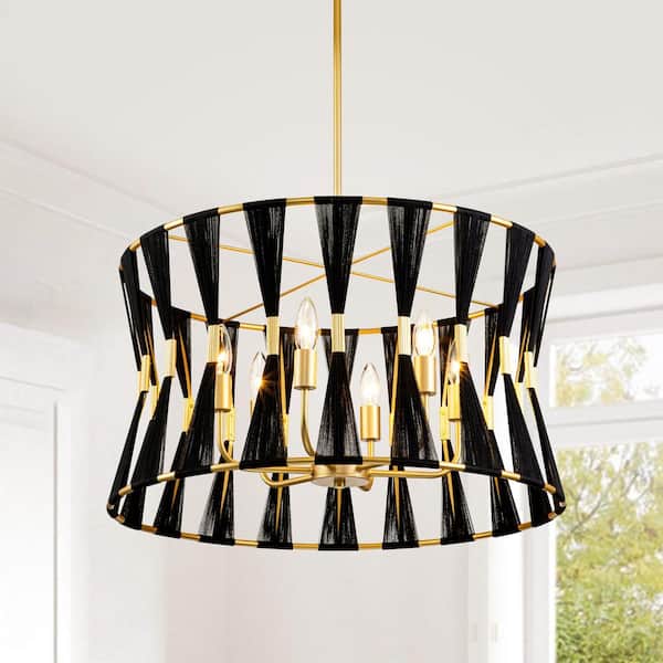 RRTYO Tabor 6-Light Black Hourglass lsland Pendant Light with Hemp Fly Shade
