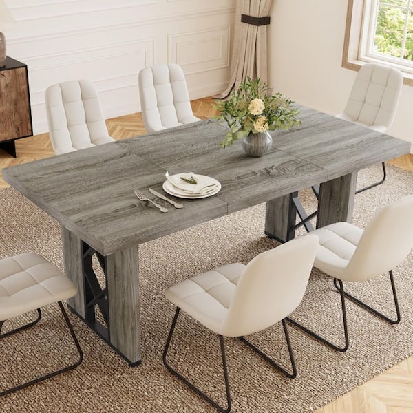 7-Pieces Rectangular Gray MDF Top Dining Table Set Seating 6 People(Gray Table Plus 6 White Chairs）