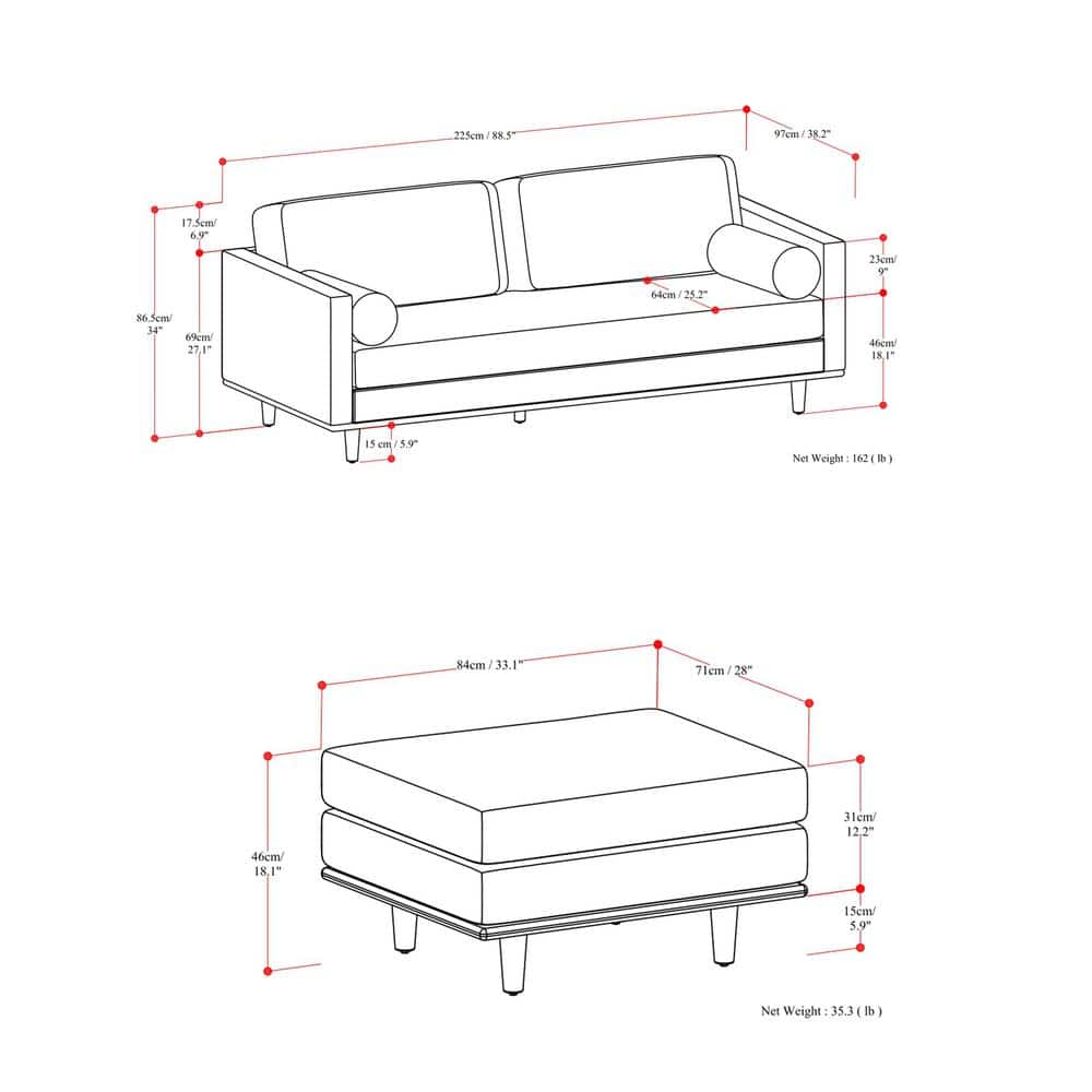 Mist Grey 89-Inch Upholstered Sofa and Ottoman Set