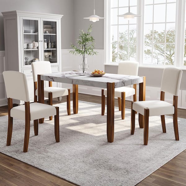 Valoria 5-Piece Off White and Brown Modern Dining Set, Marble Table Design, Upholstered Seats