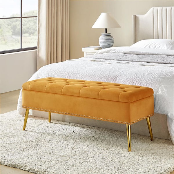JAYDEN CREATION Hippolytus Classic Mustard 45.5 in. Polyester Button-Tufted Storage Bedroom Bench with Nailhead Trim