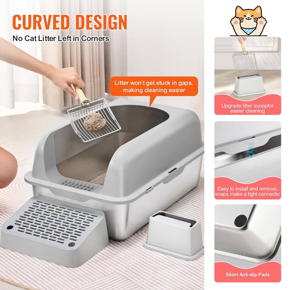 Light Gray Stainless Steel Extra Large Cat Litter Box with Scoop