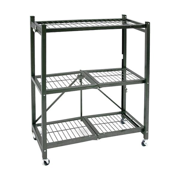 Origami Metal 35.4 x 13.3 x 28.75 in. R3 General Purpose Foldable 3-Tiered Shelf Storage Rack & Wheels, Pewter