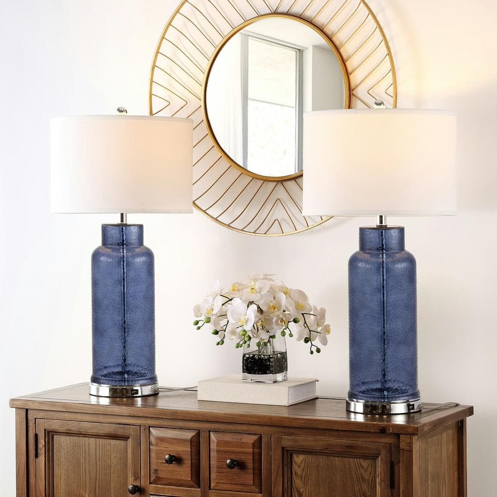 Blue Glass Table Lamp Set with Silver Base and USB Port
