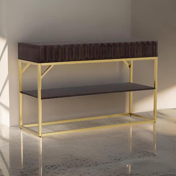 Benjara 16.75 in. Dark Brown and Gold Rectangle Wooden Console Table with Gold Steel Base and 2-Drawers