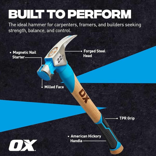 OX TOOLS Pro 22 oz. Milled Face Framing Hammer : Straight Hickory