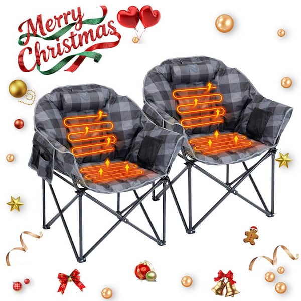 Oversized Heated Camping Chair Padded Camp Chair with 3 Heat Levels Portable Folding Heated Lawn Chair (2-Pack, Brown)