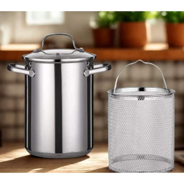 Stainless Steel Stock Pot 4 qt. Mirror-Polished with Strainer Basket and Glass Lid, Induction-Compatible Pasta Cooker