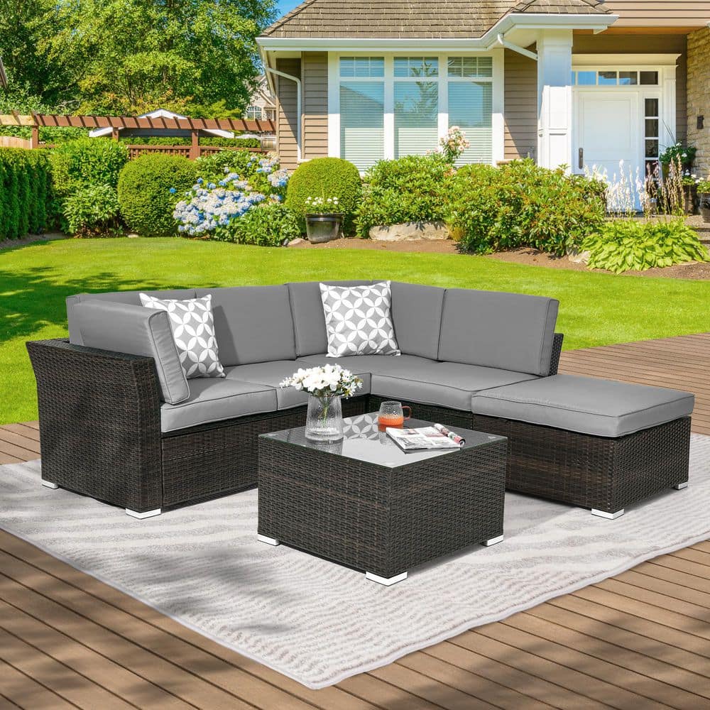 Sonkuki 4-Pieces Rattan Wicker Outdoor Sofa Set Patio Conversation Furniture with Gray Cushions and Coffee Table