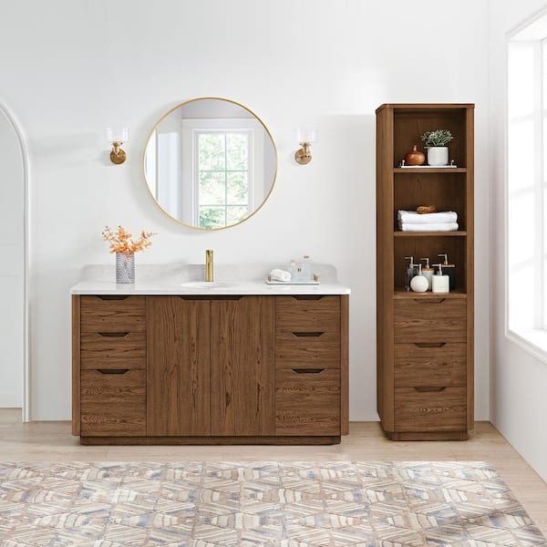 ROSWELL Abuja 60 in. W x 22 in. D x 33.9 in. H Single Bath Vanity in Oak Weathered Brown with White Engineered Stone Top