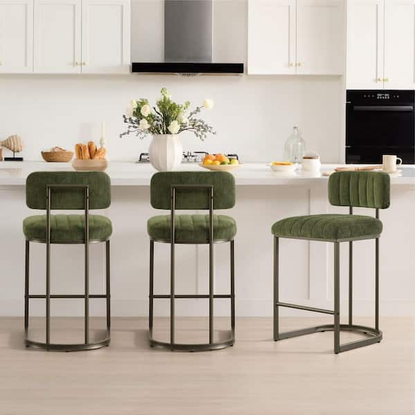 Galen 25.8 in. H Green with Channel Quilting Metal Frame Bar Stool with Fabric Seat, Set of 3, for Home Bar