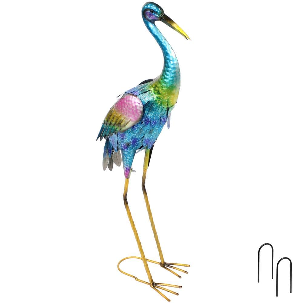 Vibrant Blue and Green Metal Crane Garden Statues Set