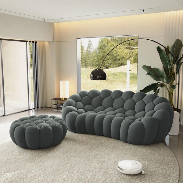98 in. 3-Seater Bubble Curved Couch with Ottoman Deep Seat Floor Sofas for Office, Apartment in Dark Gray