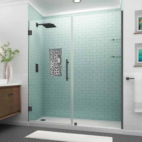 Aston Belmore GS 75.25 in. to 76.25 in. x 72 in. Frameless Hinged Shower Door with Glass Shelves in Matte Black