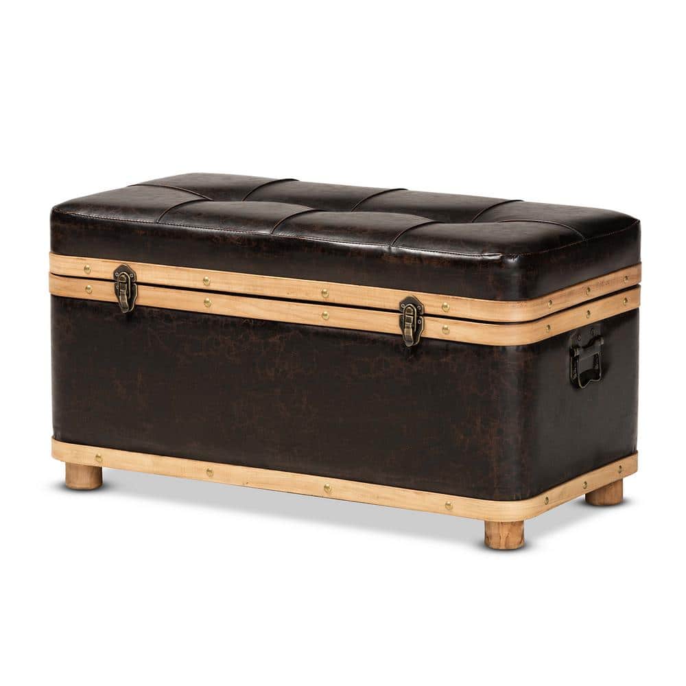 Dark Brown Faux Leather Tufted Storage Footstool with Oak Wood Bands