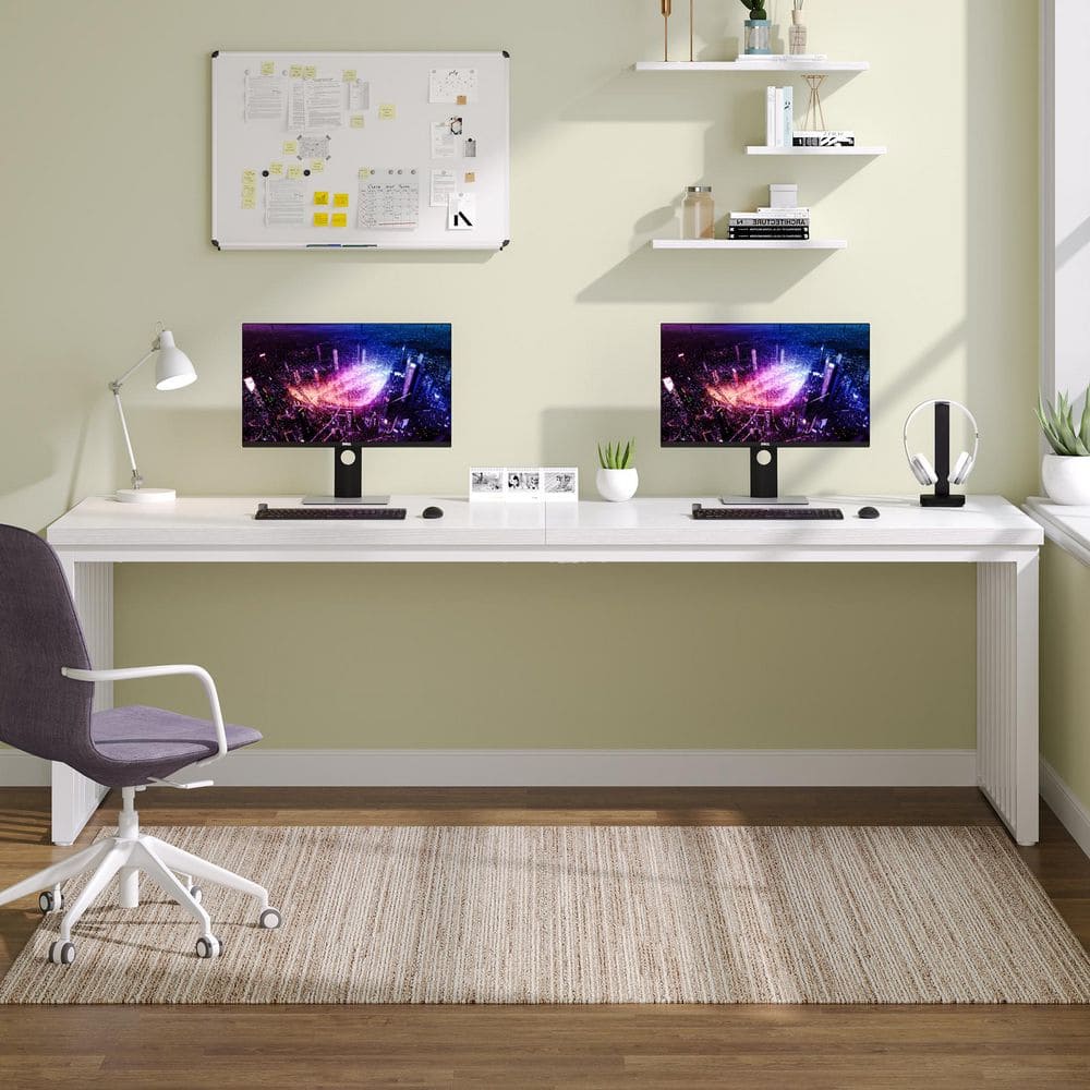 Moronia 78.74 in. Rectangular White Wood Computer Desk with Metal Legs, Industrial Double Desk for Home Office