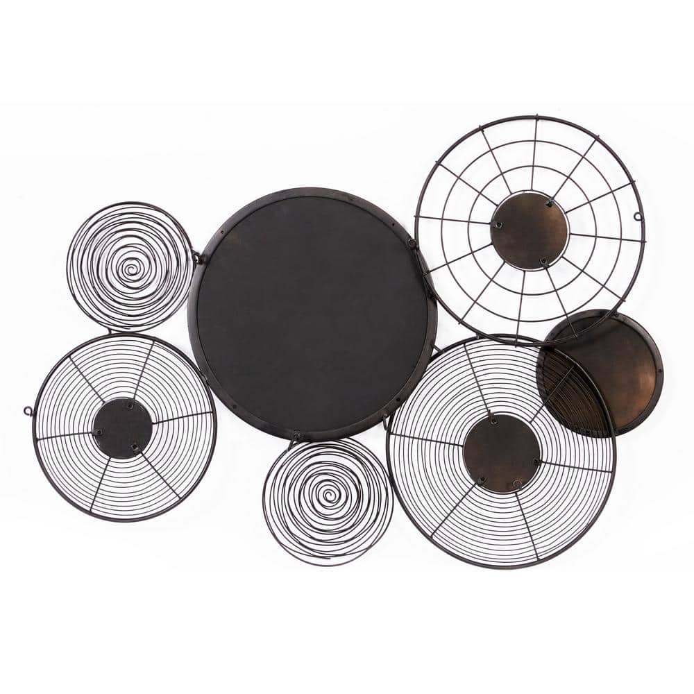 Boho Black and Beige Metal and Pinewood Circle Wall Sculpture