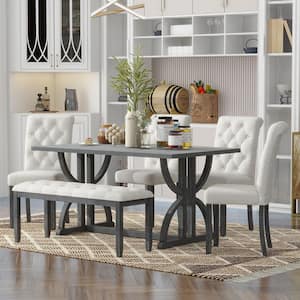 Gray 6-Piece Dining Table with 4 Chairs and 1 Bench