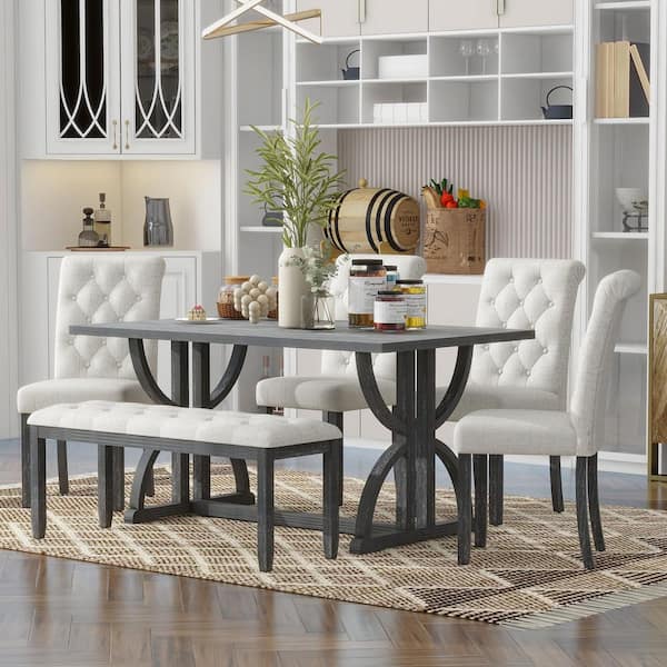 Nestfair Gray 6-Piece Dining Table with 4 Chairs and 1 Bench