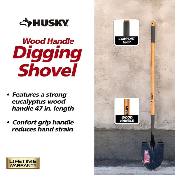 Husky 47 in. Wood Handle Carbon Steel Digging Shovel with Cushion