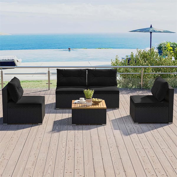 Costway 5-Piece Wicker Patio Conversation Set with Acacia Wood Tabletop and Seat and Back Black Cushions
